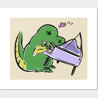 Piano Player Tyrannosaurus Dinosaur Dino Cartoon Cute Character Posters and Art